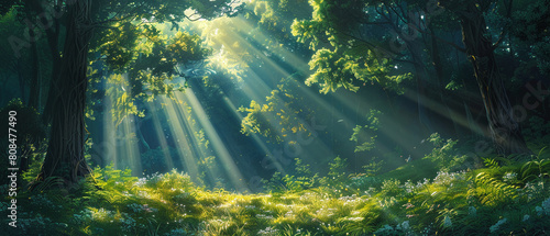 The photo shows a beautiful forest with green trees and bright sun rays shining through them. photo