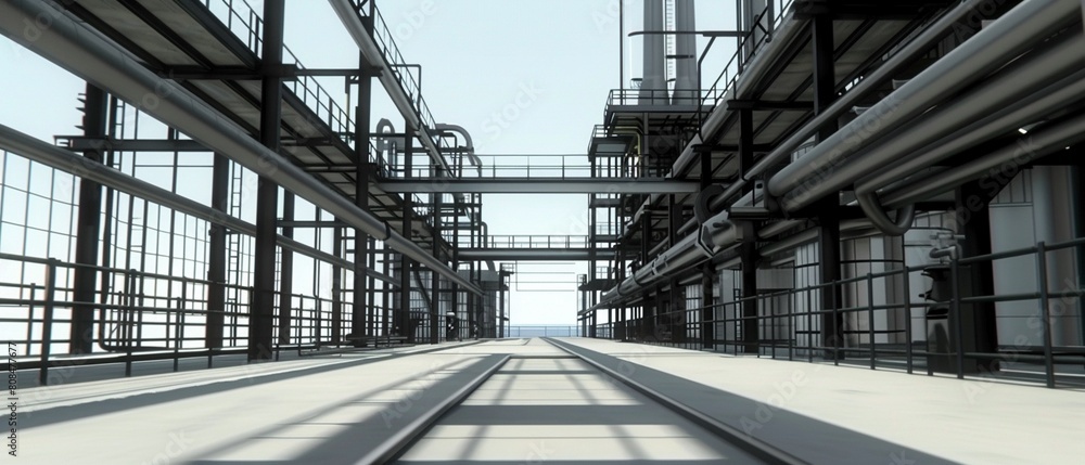 A building designed for heavy industry, featuring a network of pipes and catwalks that give it an industrial look and feel A building designed for heavy industry, featuring a network of pipes and catwalks that give it an industrial look and feel