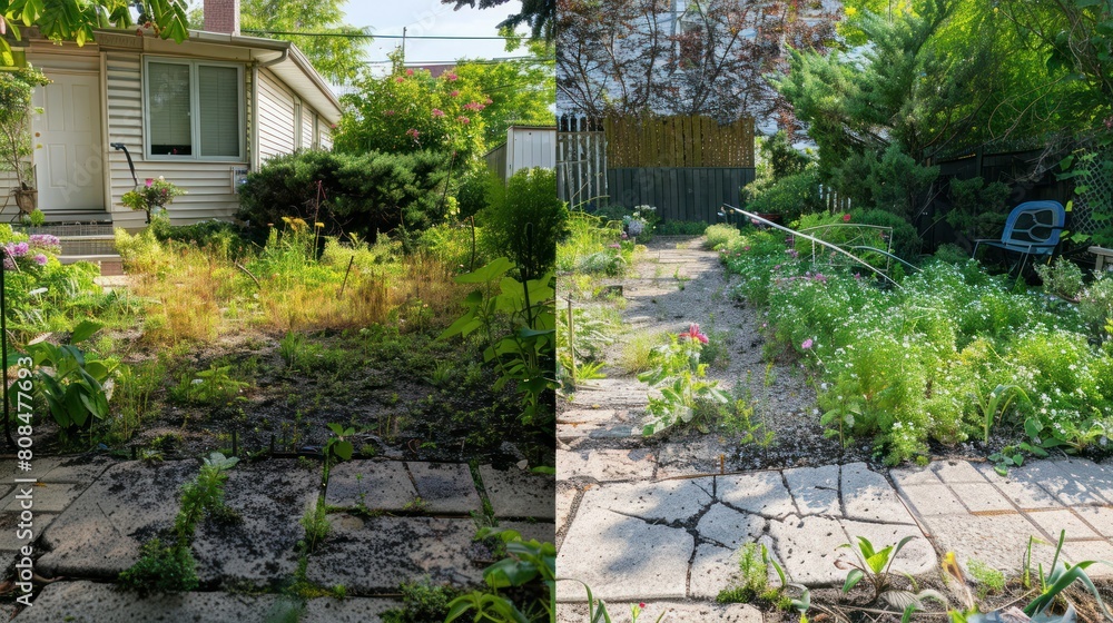 before-and-after image of a garden overrun with weeds and the same garden after pest control treatment before-and-after image of a garden overrun with weeds and the same garden after pest control treatment
