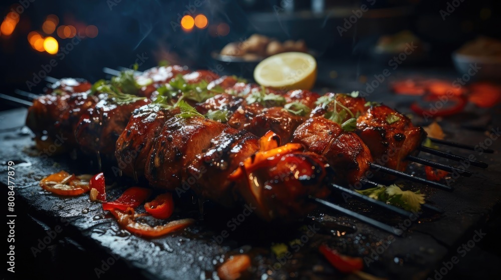 Delicious kebab full of meat and vegetables, black and blur background Delicious kebab full of meat and vegetables, black and blur background