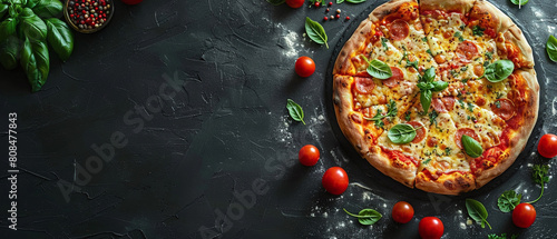 top view of mouthwatering pizza is the perfect meal for any occasion. It's made with fresh, high-quality ingredients and is sure to satisfy your cravings , copy space