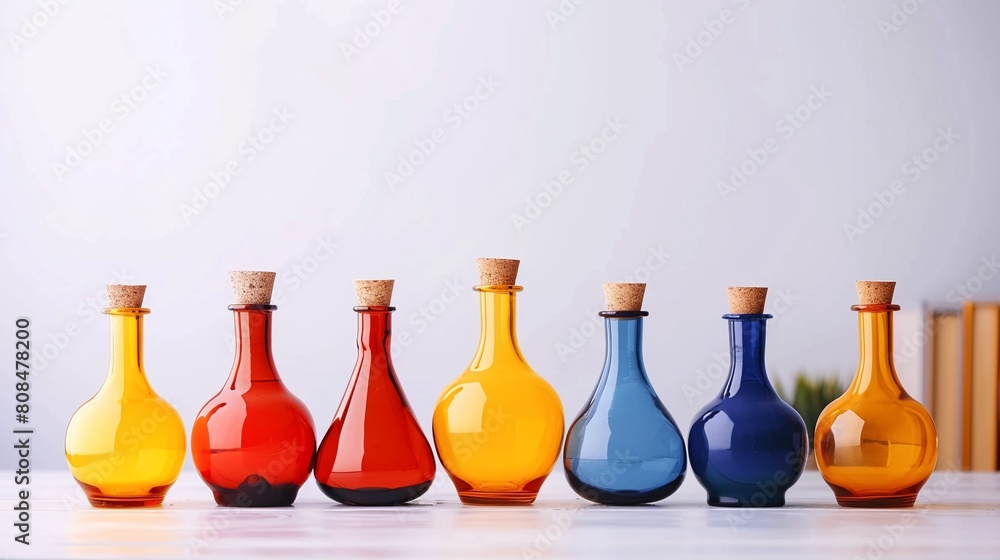 On a white table against a white background, a row of eight differently colored glass bottles creates a striking contrast 8K , high-resolution, ultra HD,up32K HD On a white table against a white background, a row of eight differently colored glass bottles creates a striking contrast 8K , high-resolution, ultra HD,up32K HD