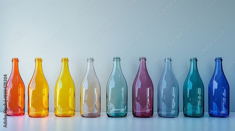 Against a clean, white backdrop, a row of eight glass bottles in various colors adds a pop of vibrancy to the scene 8K , high-resolution, ultra HD,up32K HD Against a clean, white backdrop, a row of eight glass bottles in various colors adds a pop of vibrancy to the scene 8K , high-resolution, ultra HD,up32K HD