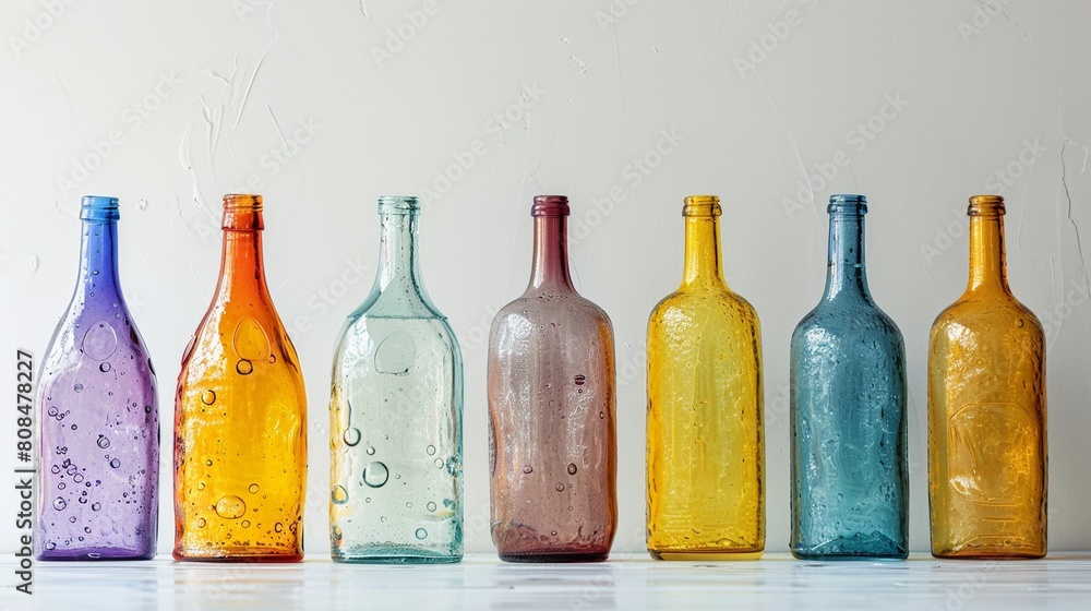 A row of eight glass bottles in different colors is arranged on a white table, their vibrant hues contrasting against the white background 8K , high-resolution, ultra HD,up32K HD A row of eight glass bottles in different colors is arranged on a white table, their vibrant hues contrasting against the white background 8K , high-resolution, ultra HD,up32K HD