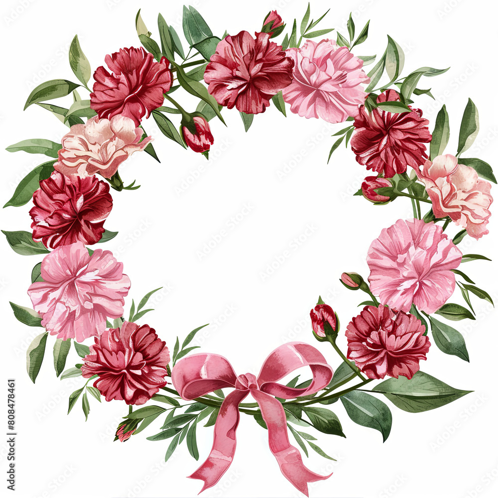 the wreath is made of red and pink carnations, green leaves, generative AI the wreath is made of red and pink carnations, green leaves, generative AI