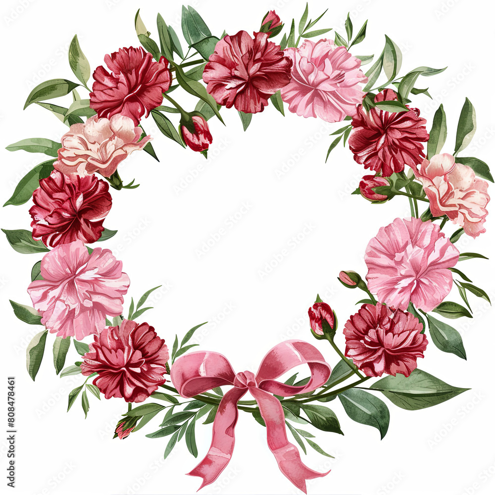 the wreath is made of red and pink carnations, green leaves, generative AI