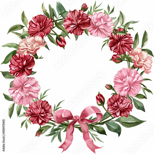 the wreath is made of red and pink carnations  green leaves  generative AI