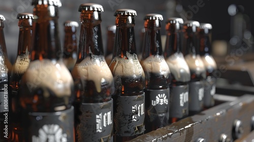 Closeup of beer bottles moving on a conveyor belt  showcasing the precision of the filling process