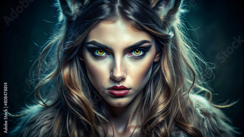 Portrait of a werewolf woman with elegant hair and glamorous makeup in a black studio setting, showcasing beauty and style