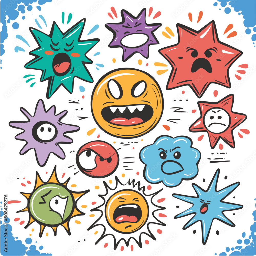 Collection colorful cartoon expressions. Angry, sad, happy, surprised characters, emotions stars, splashes, handdrawn style. Vibrant emoticons, expressive comic book design, diverse shapes