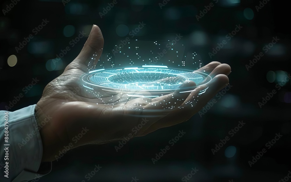 Fototapeta premium Closeup of a futuristic holographic AI interface projected above a businessmans hand