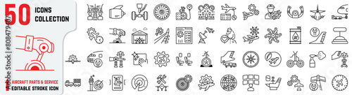 Set of Aircraft Parts and Service-related editable stroke icons also includes engine, maintenance, hangar, service, tire, cockpit, indicators signal, reports, radar icons. Flight maintenance 50+ thin 