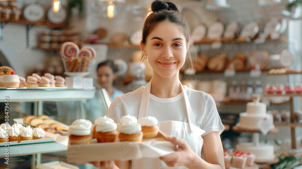 A young brunette girl is a saleswoman in a pastry shop. A friendly girl is a seller of macaroons.