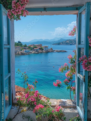 View of the Mediterranean Sea from the open window. Flowers overlooking the ocean and coastal towns. Picturesque coastal landscape. sea       view coastal resort   Breathtaking Mediterranean Coastal Land 