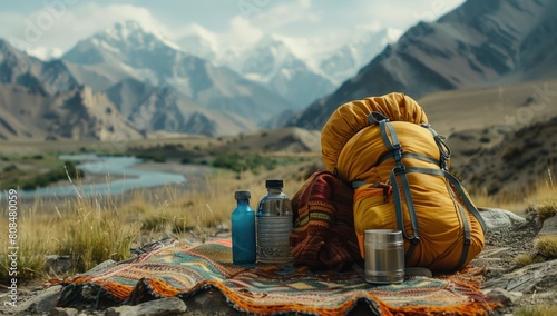 Showcase the essence of minimalist travel in Tibet through close-up shots of a traveler's simple yet essential belongings against the backdrop of majestic mountains.