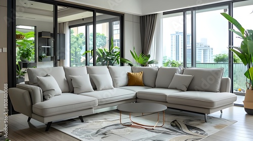 Modern Minimal clean clear contemporary living room home interior design daylight background, beige white sofa couch in living room daylight from window freshness moment mock up interior