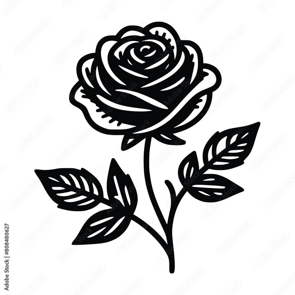 rose with leaves lineart vector illustration. Flower silhoutte