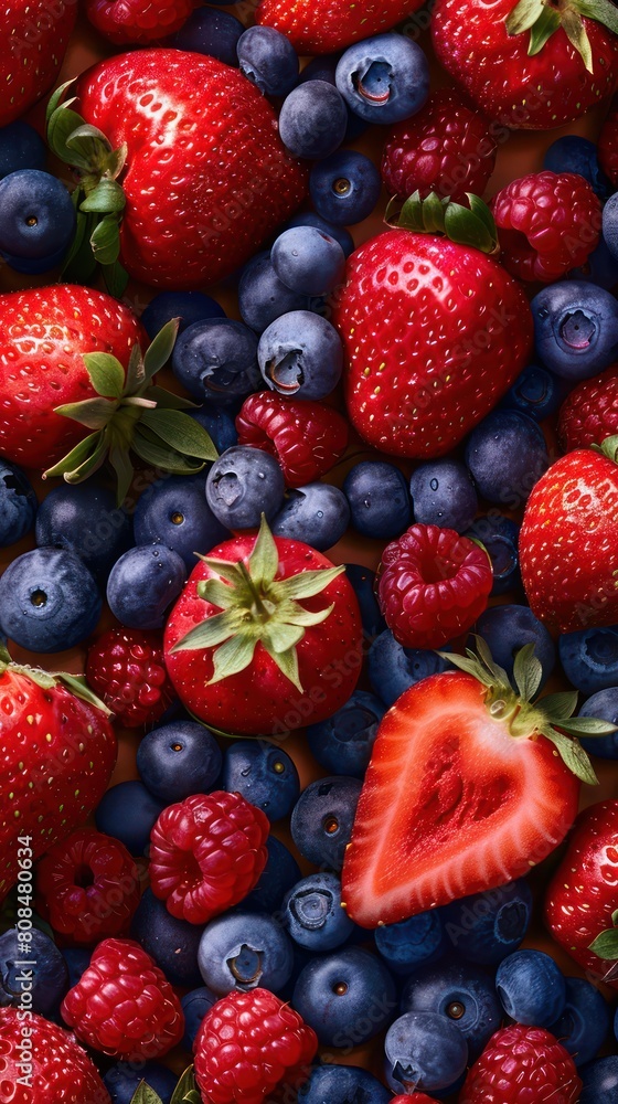 Seamless background image of lots of fresh strawberry, and blueberry and raspberry with few water drops Seamless background image of lots of fresh strawberry, and blueberry and raspberry with few water drops