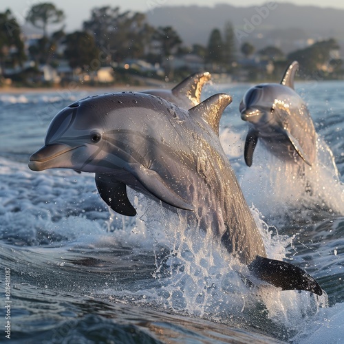 Several dolphins jumping in the waves,Playful Dolphins Leaping in Ocean Waves - 4K HD Wallpaper © Da