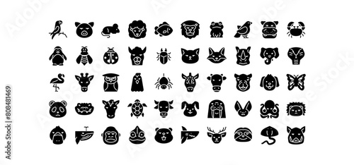 Set of animal icons. Solid animal icons pack contains icon such as platypus, whale, cat, horse, gorilla, cow, mammals, reptiles, pets, wildlife etc.