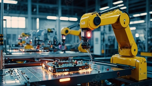 A 3d model of an automated assembly line with robot arms at a vehicle plant.