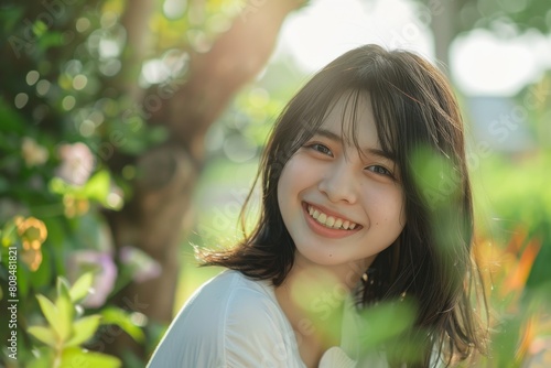 新緑と笑顔の日本人女性（夏・モデル・アイドル・ポートレート）