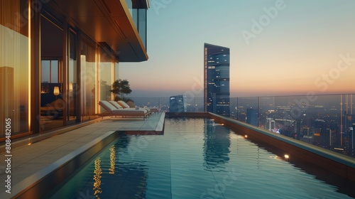 luxury hotel with a Michelin-starred restaurant  a world-class spa  and an infinity pool overlooking the city skyline 