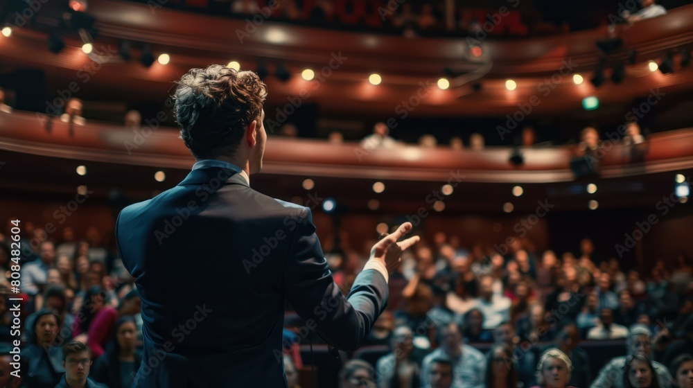 persuasive sales pitch delivered by a confident salesperson to a captivated audience. persuasive sales pitch delivered by a confident salesperson to a captivated audience.