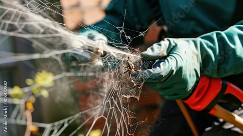  pest control technician using a specialized tool to remove a spider web from a porch,