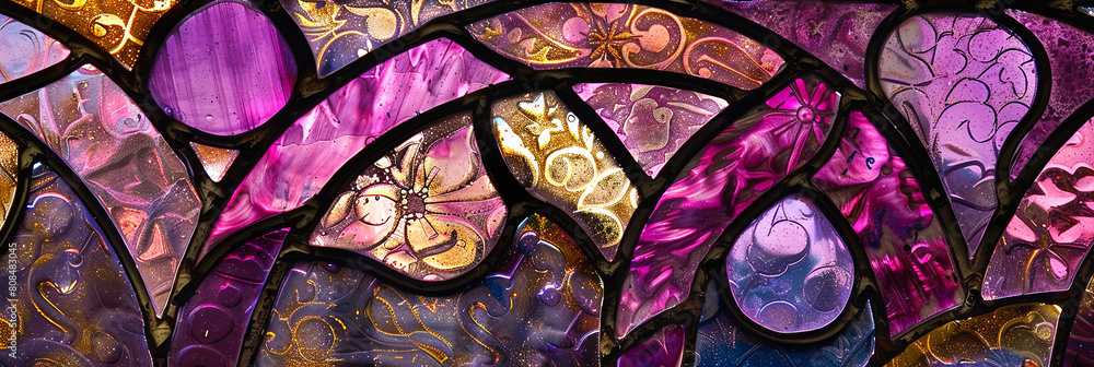 stained glass window, purple and pink color palette, gold accents, dark background, generative AI