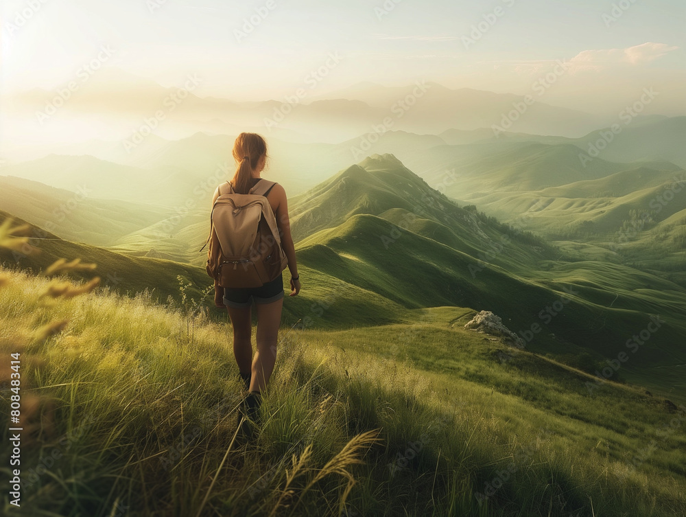 A woman hiker takes in a breathtaking mountain view on a summer hike