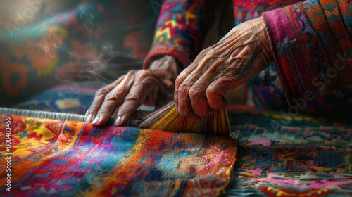  skilled artisan meticulously weaving a colorful tapestry, their hands moving with practiced precision, 