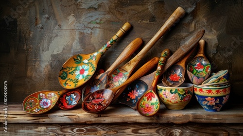  rustic wooden table adorned with hand-painted wooden spoons, each one adorned with a unique folk art design, photo