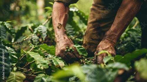 Coffee farmers work together in harmony. Each berry is carefully picked and placed in a woven basket. It is a testament to their connection to the land.