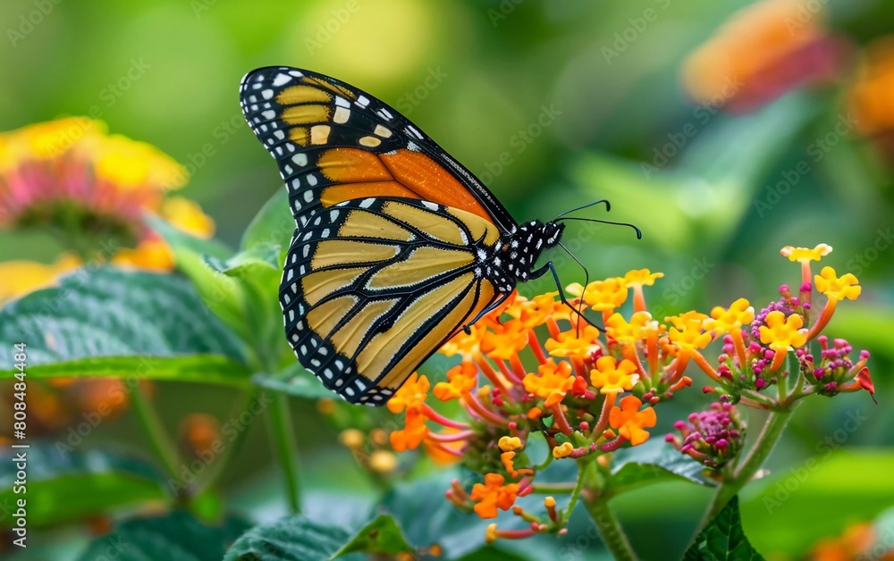 Beautiful images in nature of monarch butterflies on lantana flowers, very beautiful view Beautiful images in nature of monarch butterflies on lantana flowers, very beautiful view