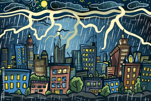 Cartoon cute doodles of a bustling cityscape  plunged into darkness by a massive blackout caused by a severe thunderstorm  with light  Generative AI