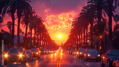sunset over the city,
Blurred background of palm trees and sunset in L