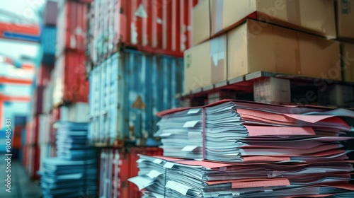 stack of export documents and invoices, representing the intricate paperwork and financial transactions involved in international trade. photo