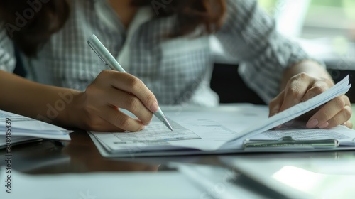 A female accountant conducting a financial audit, meticulously examining documents and ensuring compliance with regulations. 