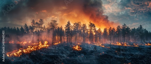 Wide panoramic shot of a vast forest fire, with a clear line where the fire has consumed trees and where some still stand photo