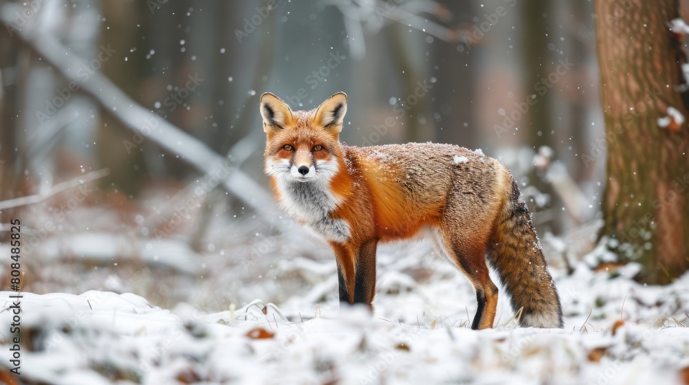 Fox on winter forest meadow with white snow Red fox hunting, vulpes vulpes, wildlife scene from Europe Orange furry animals in their natural habitat Fox on winter forest meadow with white snow Red fox hunting, vulpes vulpes, wildlife scene from Europe Orange furry animals in their natural habitat