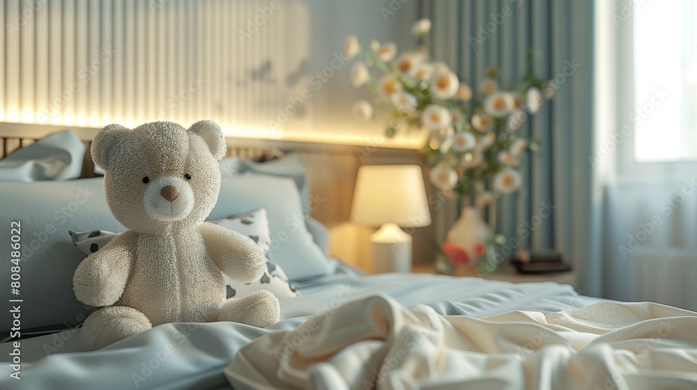 Soft 3D-rendered bedroom with cute stuffed animals on the bed and gentle lighting, wall space for copy