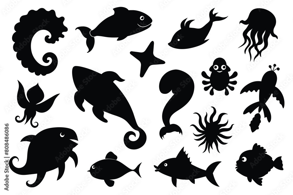 Set of Sea Life black Silhouette Design with white Background and Vector Illustration