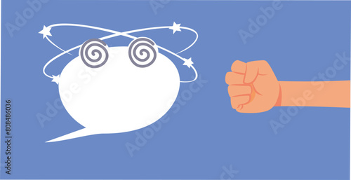 Vector Person Punching a Speech Bubble Symbolizing Censorship. Censor limiting and banning free speech with violence 
