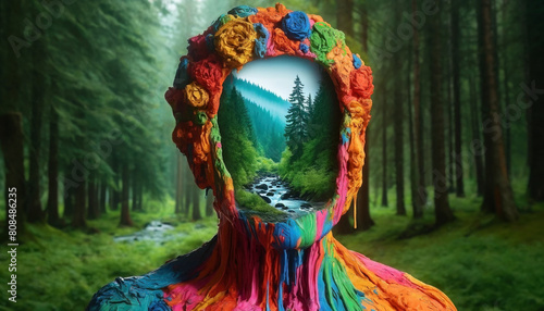 A fantasy figure covered in layers of bright paint, standing before a natural forest landscape that is framed within the hollow opening of its head - Generative AI © lilyl