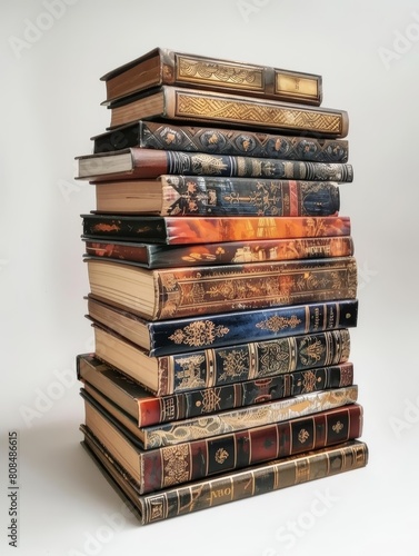 Favorite Book or Movie Stack of books or DVD cases of her favorite titles, side angle to show spines and covers, against a white background photo