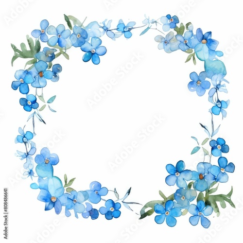 forget-me-not themed frame or border for photos and text. watercolor illustration  Perfect for nursery art  simple clipart  single object  white color background. for greetings card.