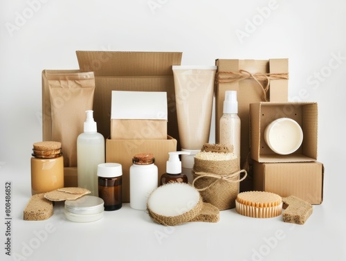 Subscription Service Assorted subscription box contents displayed, side view to reveal the diversity and appeal of the products, isolated in white background