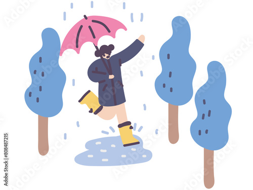 Girl jumping through puddles in the rain
