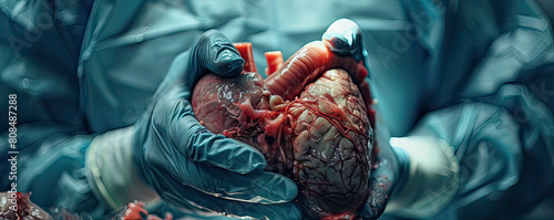 A close-up view of surgeons' hands delicately handling a human heart during a detailed surgical procedure, emphasizing precision and care. photo
